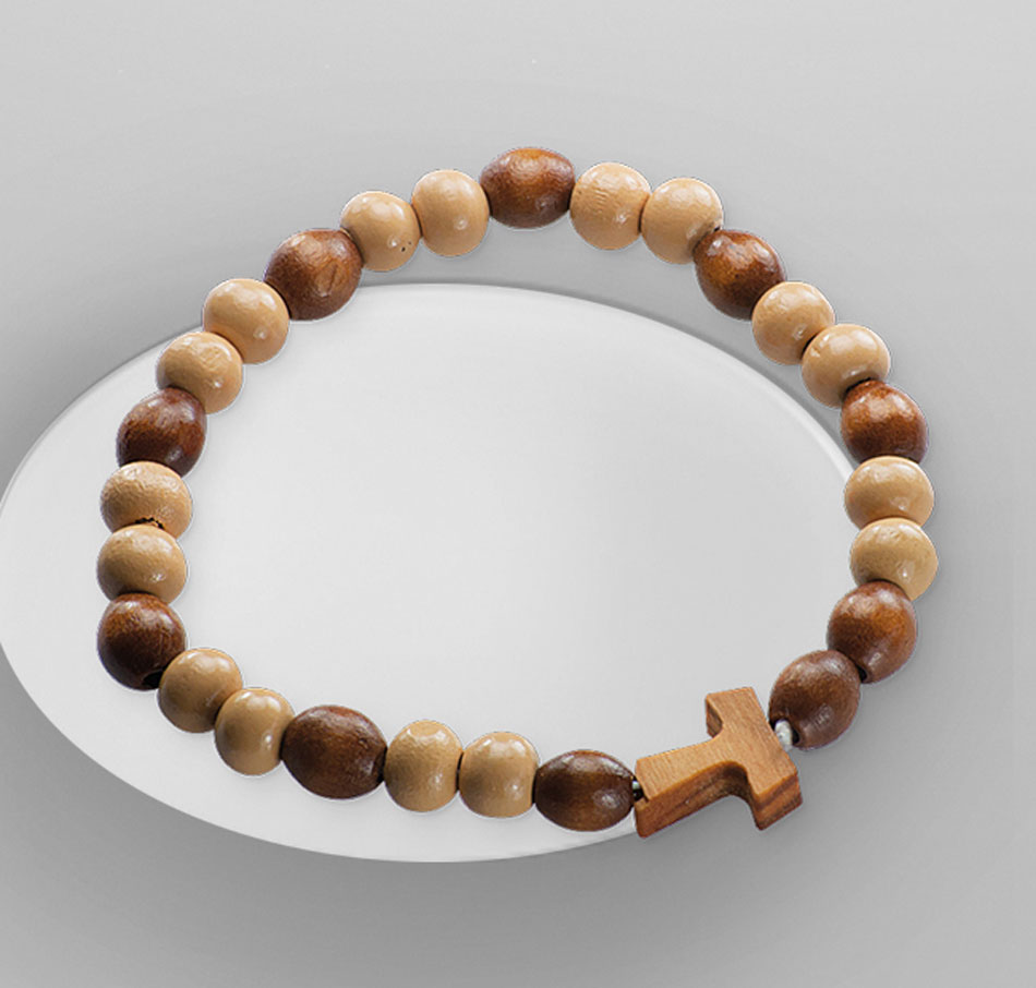 Pulsera de madera cruz de Tau. Elástico.