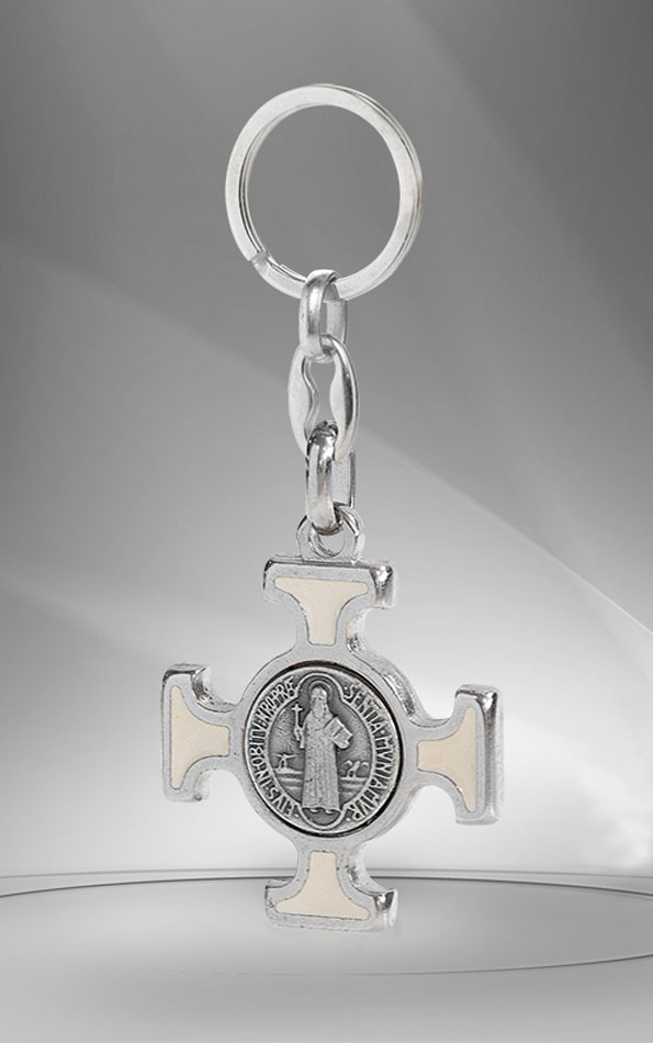 Keychain of Saint Benedict Cross. Silver-plated metal, enamel