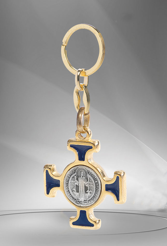 Keychain of Saint Benedict Cross. Gold-plated metal, enamel