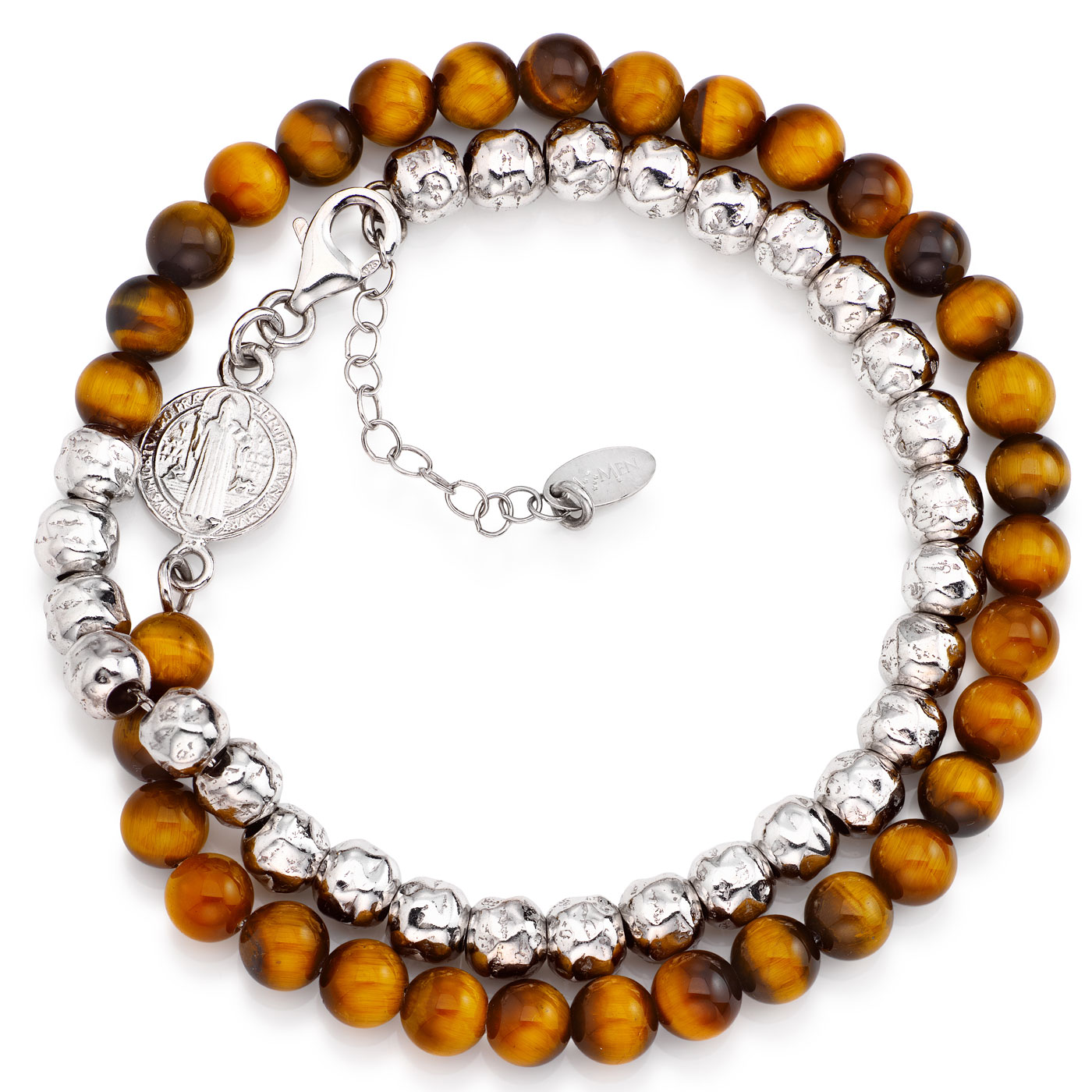 Saint Benedict bracelet. Sterling silver 925 and tiger's-eyes. AMEN