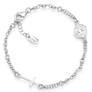 Rosary bracelet with cross and Saint Benedict. Sterling silver 925. Woman. AMEN