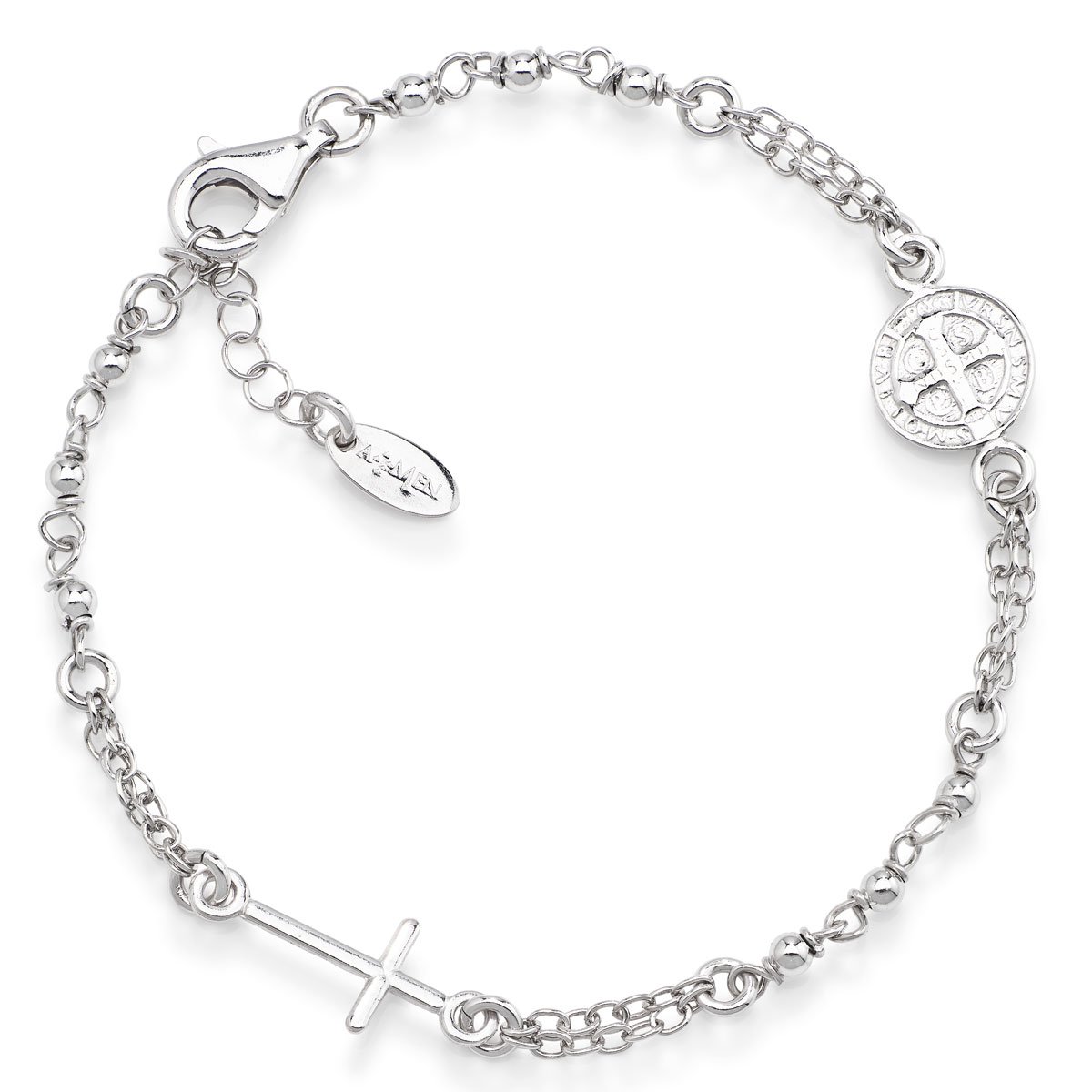 Brazalete rosario con Cruz y San Benito. Plata de ley. Mujer. AMEN