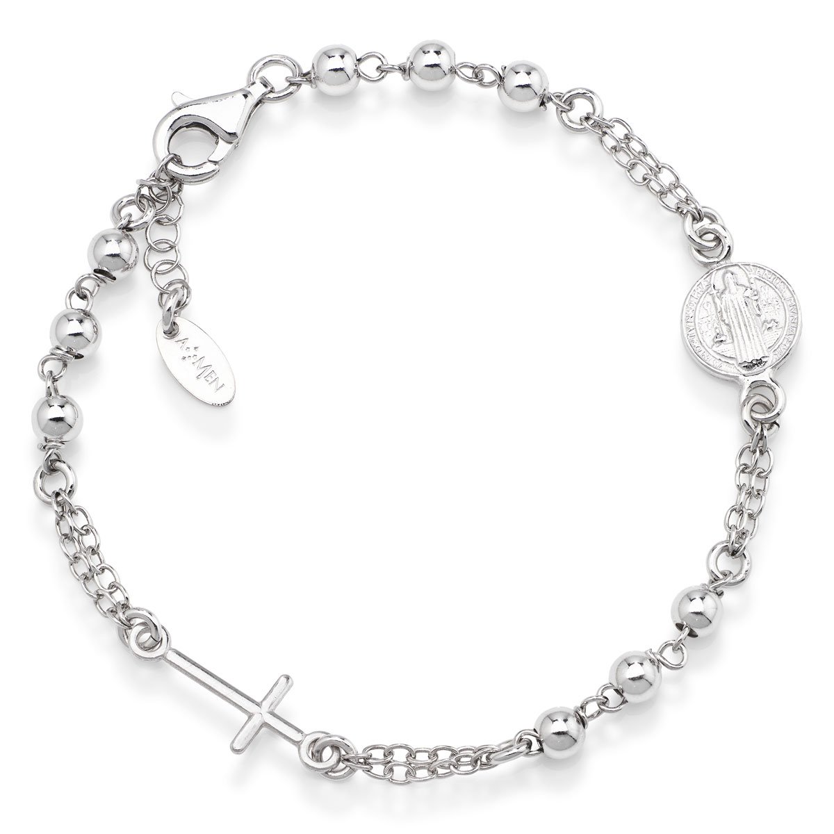 Rosary bracelet with cross and Saint Benedict. Sterling silver 925. (Man). AMEN