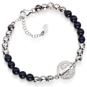 Saint Benedict bracelet. Sterling silver 925 and blue agate. Man. AMEN