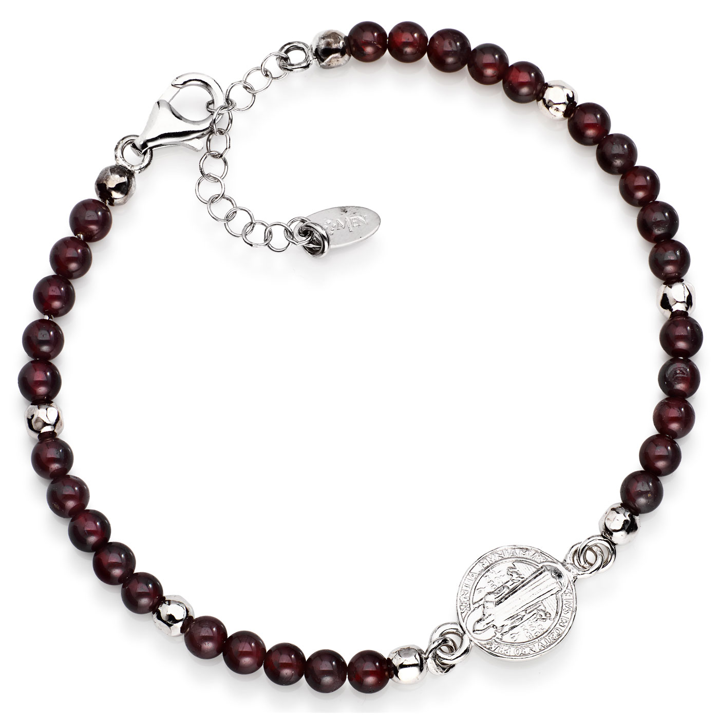 Saint Benedict bracelet. Sterling silver 925 and garnet. Man. AMEN