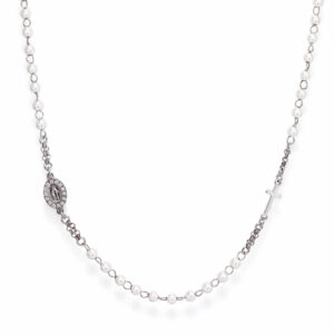 Necklace ‘Cross and Our lady of the Miracle’. Sterling silver 925 and pearls.  AMEN
