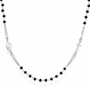 Necklace ‘Cross and Our lady of the Miracle’. Sterling silver 925 and black crystal.  AMEN