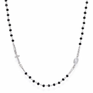 Necklace ‘Cross and Our lady of the Miracle’. Sterling silver 925 and black crystal.  AMEN