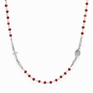 Necklace ‘Cross and Our lady of the Miracle’. Sterling silver 925 and red crystal.  AMEN