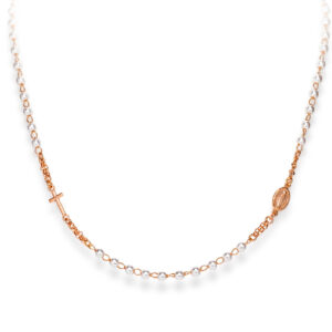 Necklace ‘Cross and Our lady of the Miracle’. Sterling silver 925 and pearls (imitation).  AMEN