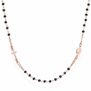 Necklace ‘Cross and Our lady of the Miracle’. Sterling silver 925 and black crystal.  AMEN