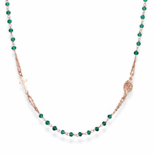Necklace ‘Cross and Our lady of the Miracle’. Sterling silver 925 and green crystal.  AMEN