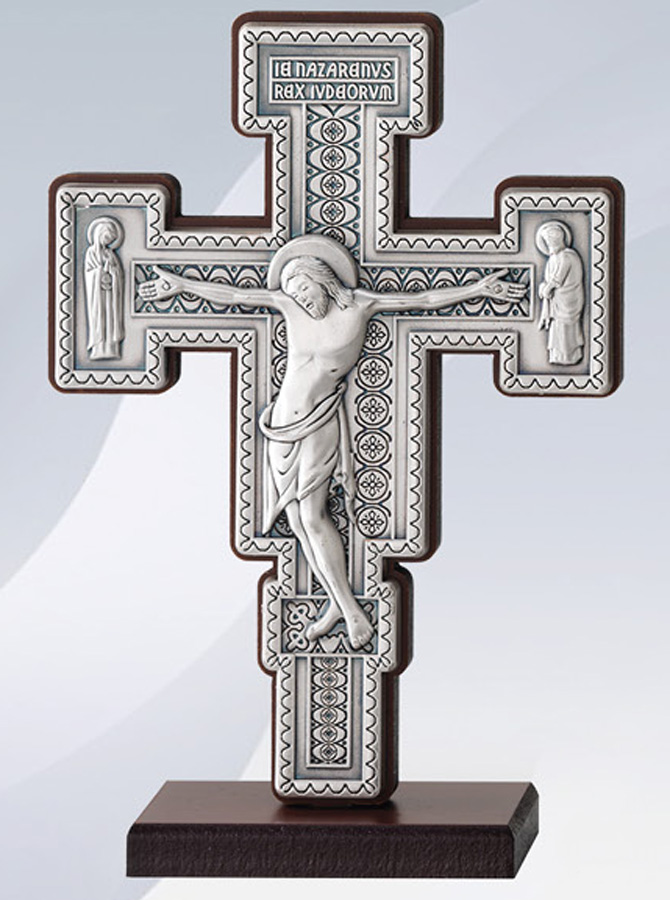 Saint Damiano Crucifix. Silver plated metal. With base