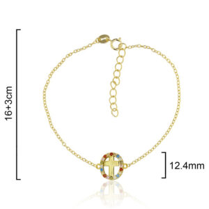 Pulsera. Cruz con circonitas colores. Plata de ley