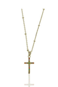 Gargantilla. Cruz con circonitas colores. Plata de ley