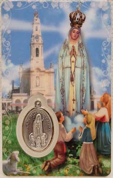 Our Lady of Fatima card laminated with medal