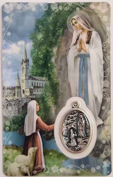 Our Lady of Lourdes card laminated with medal