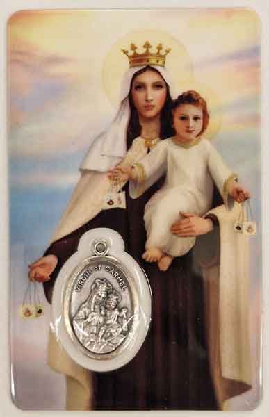 Our Lady of Mount Carmel card laminated with medal