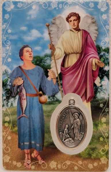 Saint Raphael the Archangel card laminated with medal