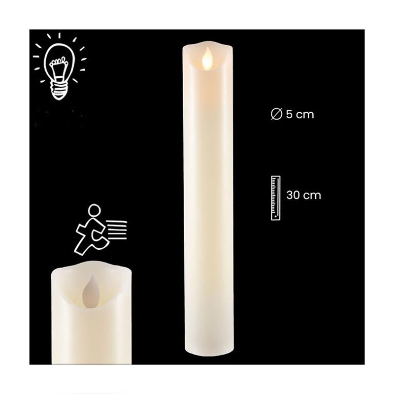 Smooth candle, flame effect. Batteries. Various sizes.