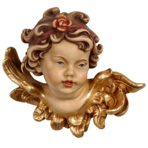 Cherub head with rose, left