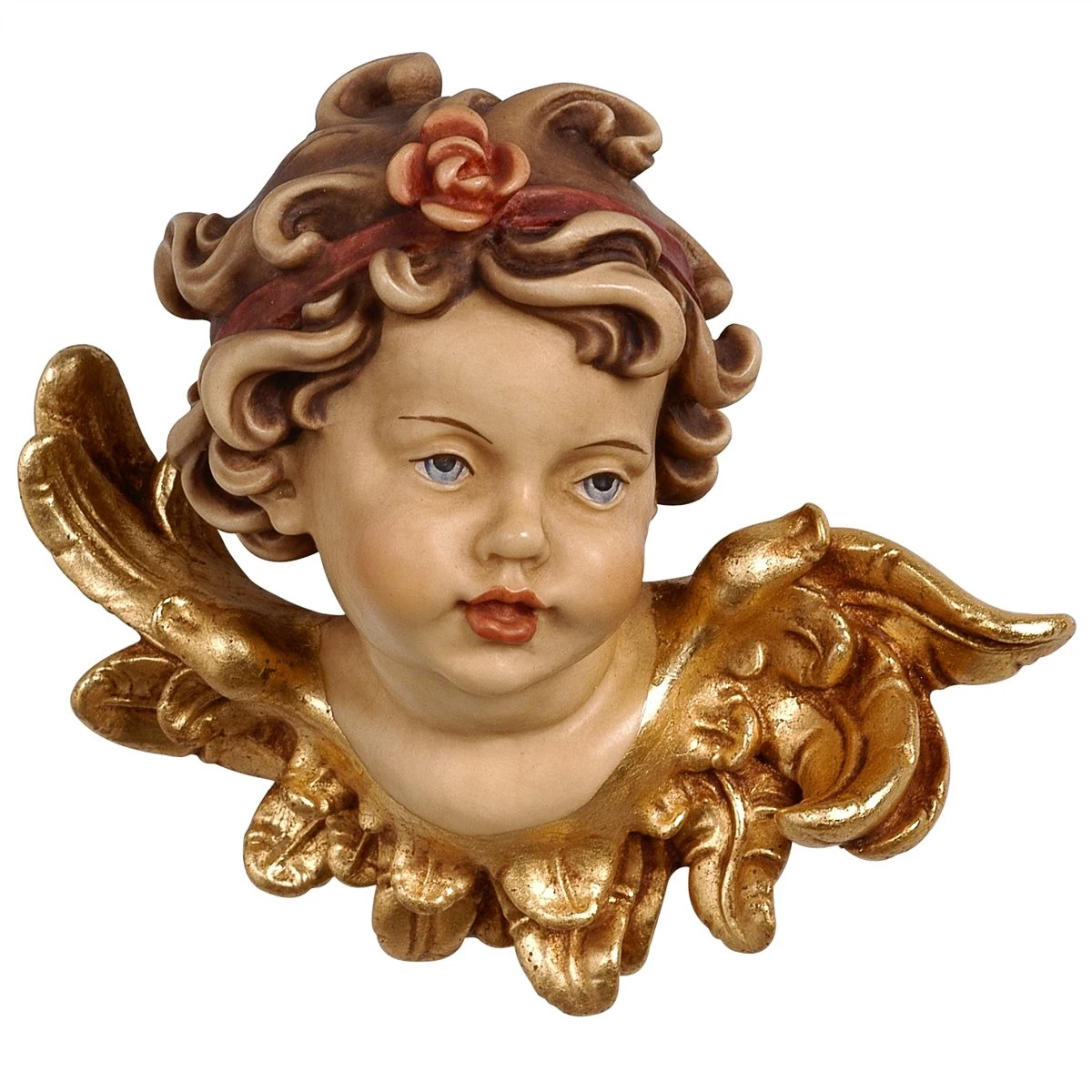 Cherub head with rose, left