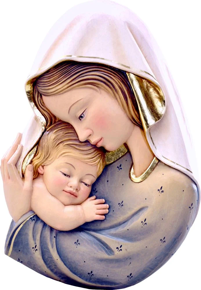 Virgen con niño, color blanco y azul. Relieve