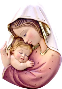 Virgen con niño, color blanco y rojo. Relieve