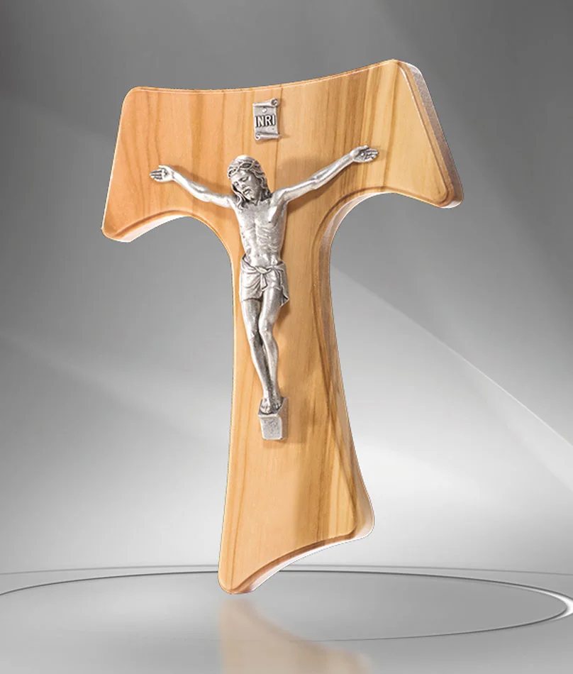 Crucifijo Tau en madera de olivo