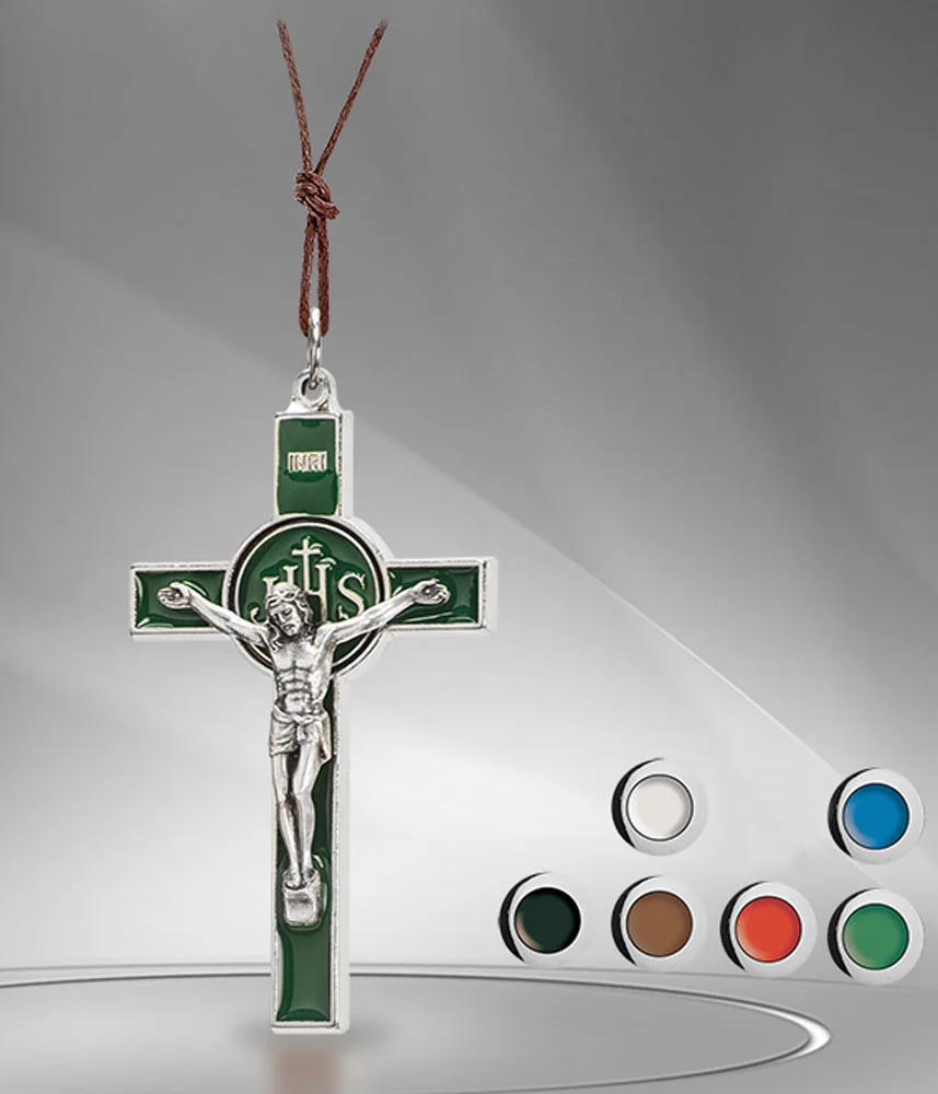 Cruz JHS en metal esmaltado, con cordón.
