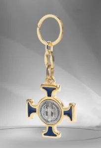 Keychain of Saint Benedict Cross. Gold-plated metal, enamel