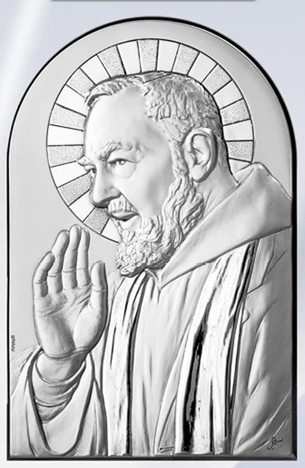 Padre Pio altarpiece. Laminated silver
