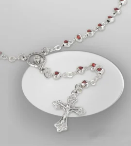 Hearts rosary, red enamel.