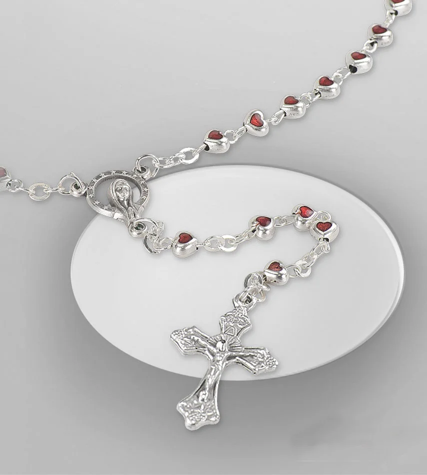 Hearts rosary, red enamel.